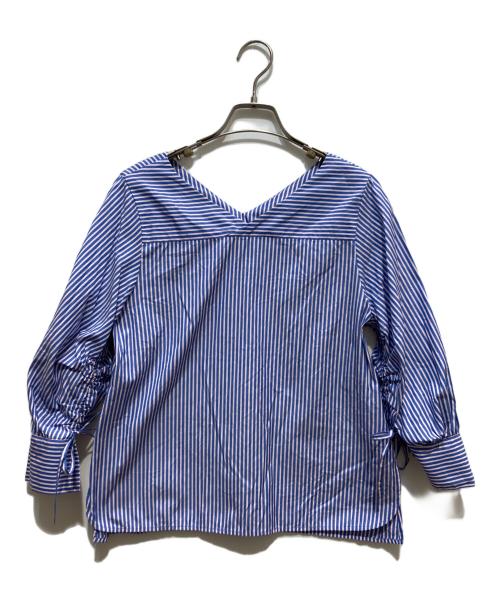 MACPHEE（マカフィー）MACPHEE (マカフィー) ストライプシャーリング Vネックブラウス ブルー サイズ:SIZE　36の古着・服飾アイテム