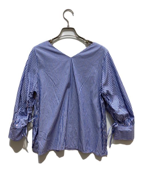 MACPHEE（マカフィー）MACPHEE (マカフィー) ストライプシャーリング Vネックブラウス ブルー サイズ:SIZE　36の古着・服飾アイテム