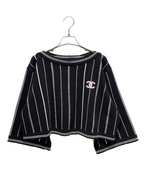 CHANEL（シャネル）CHANEL (シャネル) ココマークショート7分袖カシミヤニット ブラック×ホワイト サイズ:38の古着・服飾アイテム