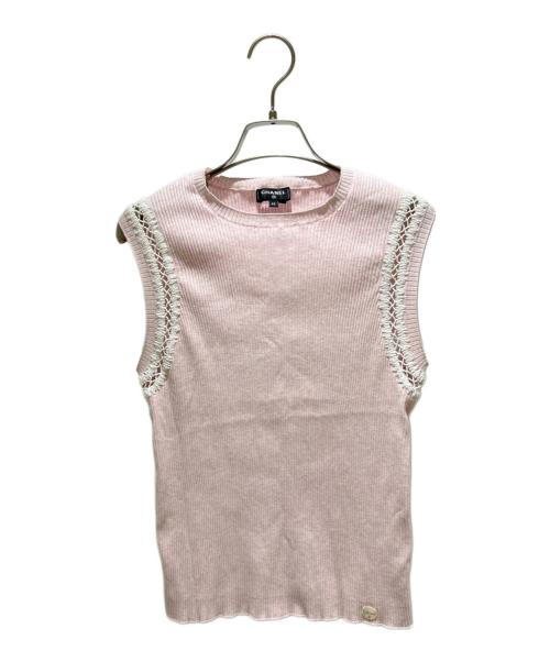 CHANEL（シャネル）CHANEL (シャネル) レースコットンノースリーブニット ピンク×ホワイト サイズ:40の古着・服飾アイテム