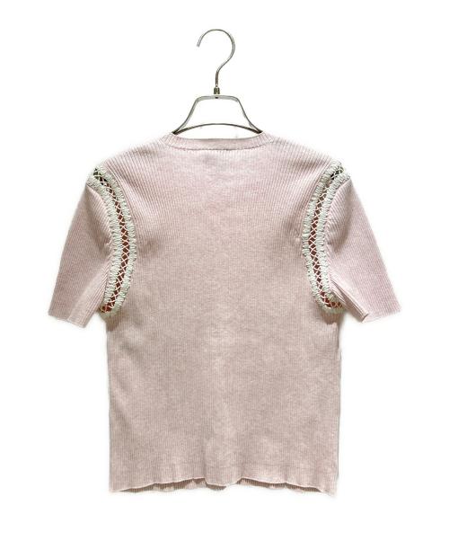 CHANEL（シャネル）CHANEL (シャネル) レーストリミングコットンショートスリーブカーディガン ピンク×ホワイト サイズ:40の古着・服飾アイテム