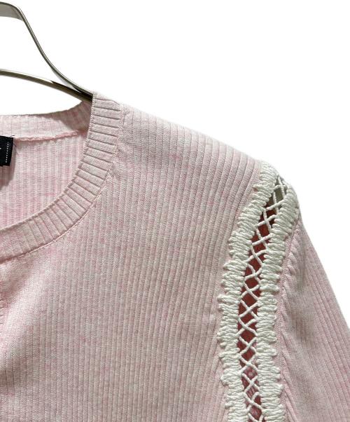 CHANEL（シャネル）CHANEL (シャネル) レーストリミングコットンショートスリーブカーディガン ピンク×ホワイト サイズ:40の古着・服飾アイテム