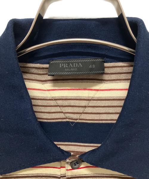 PRADA（プラダ）PRADA (プラダ) ストライプ コットン ポロシャツ ネイビー サイズ:48の古着・服飾アイテム
