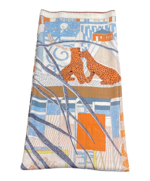 HERMES（エルメス）HERMES (エルメス) カレジェアン/カシミヤシルクスカーフ ベージュ×オレンジの古着・服飾アイテム