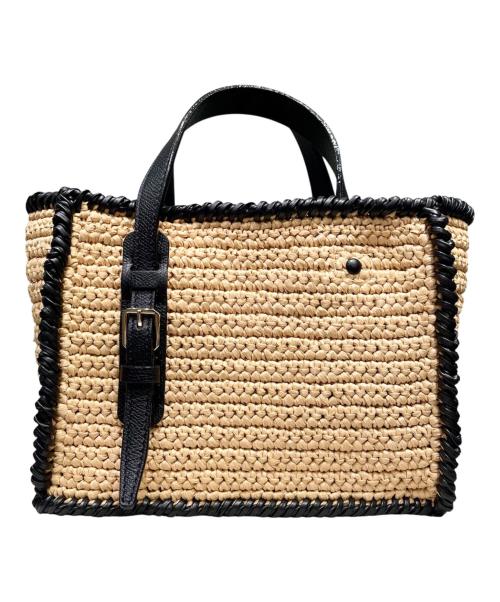 Valextra（ヴァレクストラ）Valextra (ヴァレクストラ) バケットバッグ マイクロ ラフィア ナチュラル×ブラックの古着・服飾アイテム