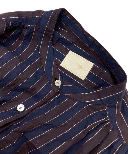 Spick and Span（スピック＆スパン）Spick and Span (スピック＆スパン) HYU ストライプギャザーシャツワンピース ネイビー×ブラウン サイズ:38の古着・服飾アイテム