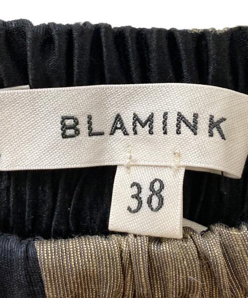 BLAMINK（ブラミンク）BLAMINK (ブラミンク) ブロックチェック シルクリネン ギャザースカート ブラック×ベージュ サイズ:38の古着・服飾アイテム