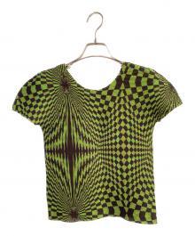 ISSEY MIYAKE me（イッセイ ミヤケ ミー）の古着「ブロックチェックプリントボックスプリーツTシャツ」｜グリーン