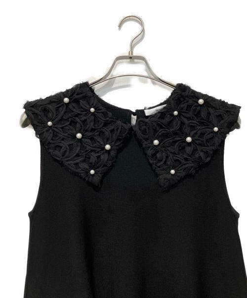 Rene（ルネ）Rene (ルネ) フラワー刺繍襟ニットワンピース ブラック サイズ:38の古着・服飾アイテム
