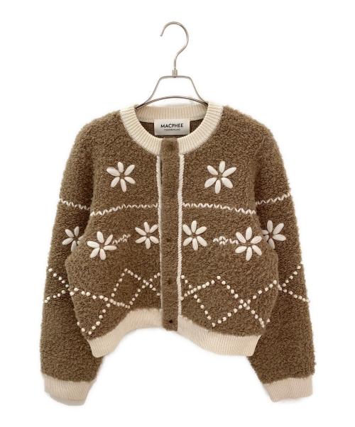 MACPHEE（マカフィー）MACPHEE (マカフィー) ムートンエンブロイダリー クルーネックカーディガン ベージュ サイズ:Sの古着・服飾アイテム