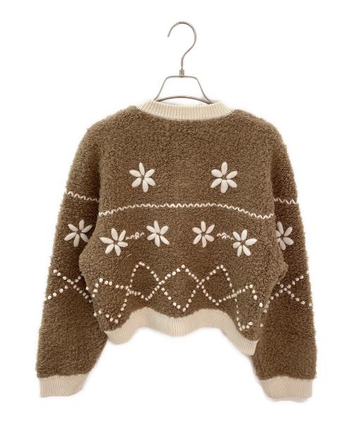 MACPHEE（マカフィー）MACPHEE (マカフィー) ムートンエンブロイダリー クルーネックカーディガン ベージュ サイズ:Sの古着・服飾アイテム