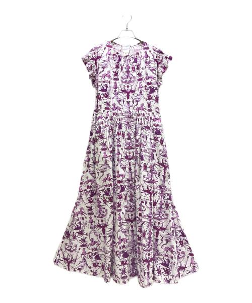 patou（パトゥ）patou Organic Cotton Ruffle Sleeve Printed Maxi Dress/オーガニックコットン ラッフルスリーブ プリント マキシドレス/DR08701195041 ホワイト×パープル サイズ:36の古着・服飾アイテム