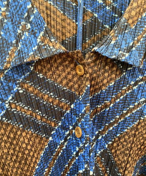 PLEATS PLEASE（プリーツプリーズ）PLEATS PLEASE (プリーツプリーズ) チェック柄プリーツロングシャツ ブルー サイズ:4の古着・服飾アイテム