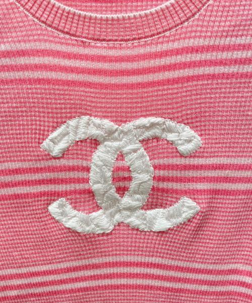 CHANEL（シャネル）CHANEL (シャネル) P60 ボーダーショートスリーブニット ピンク サイズ:38の古着・服飾アイテム