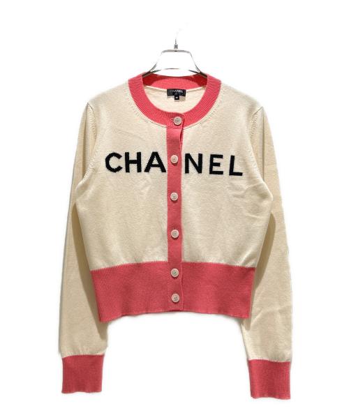 CHANEL（シャネル）CHANEL (シャネル) Logo Bi-Color Cashmere Cardigan/ロゴ バイカラー カシミヤ カーディガン/P61427K46799 オフホワイト/ピンク サイズ:38の古着・服飾アイテム