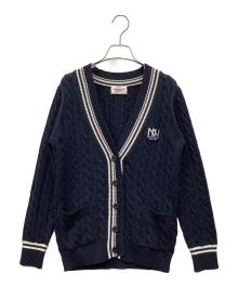 Mademoiselle NON NON（マドモアゼルノンノン）の古着「ラインVネックカーディガン」｜ネイビー
