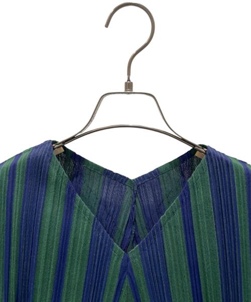 PLEATS PLEASE（プリーツプリーズ）PLEATS PLEASE (プリーツプリーズ) ストライプブリーツブラウス グリーン×パープル サイズ:3の古着・服飾アイテム