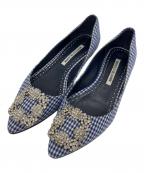 Manolo Blahnikマノロブラニク）の古着「ギンガムチェックフラットパンプス」｜ブルー×ホワイト