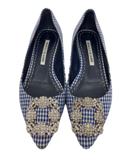 Manolo Blahnik（マノロブラニク）Manolo Blahnik (マノロブラニク) ギンガムチェックフラットパンプス ブルー×ホワイト サイズ: 34 1/2の古着・服飾アイテム