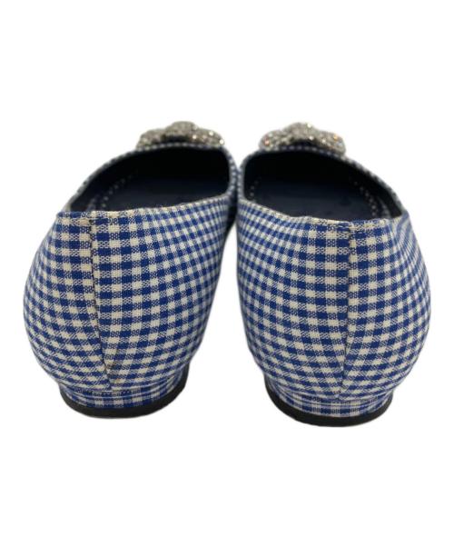 Manolo Blahnik（マノロブラニク）Manolo Blahnik (マノロブラニク) ギンガムチェックフラットパンプス ブルー×ホワイト サイズ: 34 1/2の古着・服飾アイテム