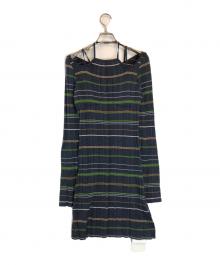 Mame Kurogouchi（マメクロゴウチ）の古着「Random Ribbed Plaid Knitted Dress With Choker」｜ネイビー