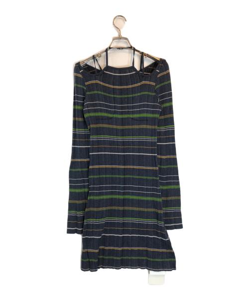 Mame Kurogouchi（マメクロゴウチ）mame kurogouchi (マメクロゴウチ) Random Ribbed Plaid Knitted Dress With Choker ネイビー サイズ:2の古着・服飾アイテム