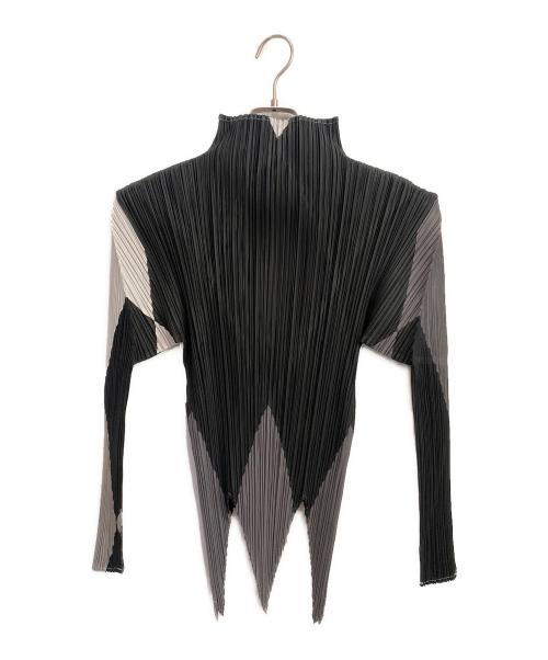 PLEATS PLEASE（プリーツプリーズ）PLEATS PLEASE (プリーツプリーズ) ハイネックプリーツブラウス ブラック×グレー サイズ:3の古着・服飾アイテム