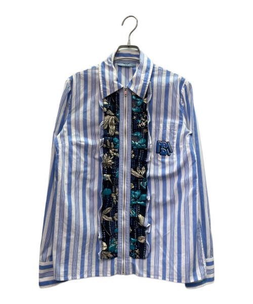 PRADA（プラダ）PRADA (プラダ) ストライプデザインフリルシャツ ブルー×ホワイト サイズ:42の古着・服飾アイテム