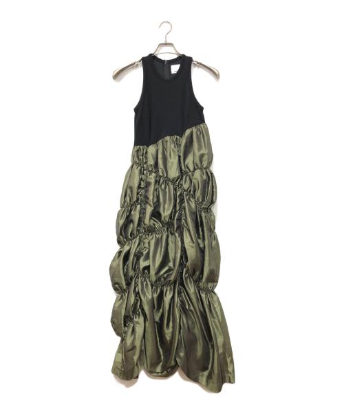 OMMO（オーエムエムオー）OMMO (オーエムエムオー) IRREGULAR SHIRRING TANK OP グリーン×ブラック サイズ:SIZE 36の古着・服飾アイテム