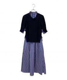sacai（サカイ）の古着「ケーブルニット×コットンドッキングワンピース」｜ネイビー/ストライプ