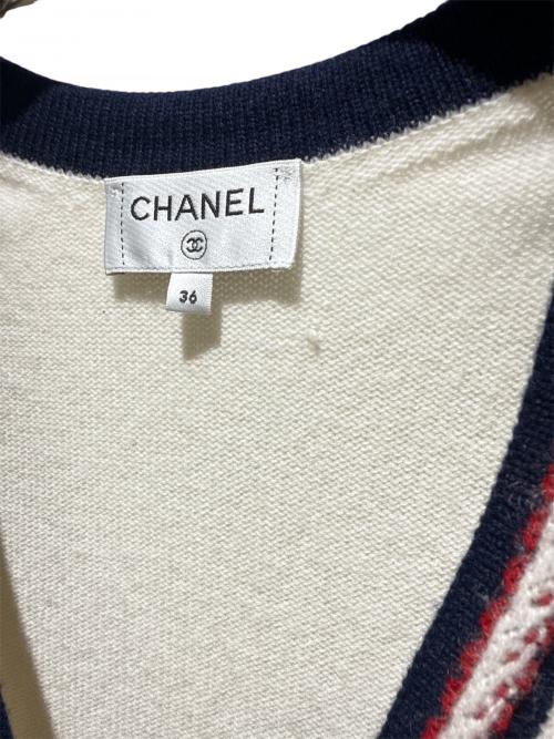 CHANEL（シャネル）CHANEL (シャネル) トリコロールカシミヤカーディガン ホワイト サイズ:36の古着・服飾アイテム
