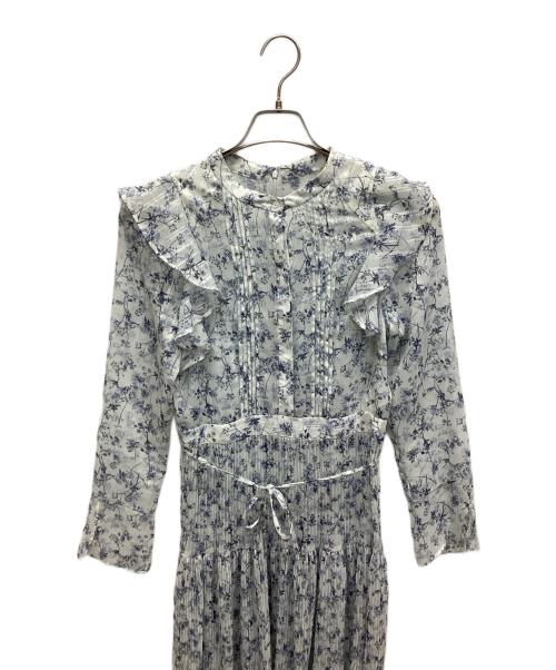 FRAY ID（フレイ アイディー）FRAY ID (フレイ アイディー) プリントプリーツラッフルワンピース ホワイト×ブルーの古着・服飾アイテム