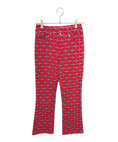 D&G（ディーアンドジー）D&G (ディーアンドジー) ベルトプリントチェック柄フレアパンツ レッド サイズ:38の古着・服飾アイテム