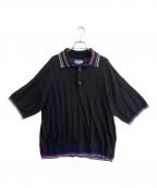 MAISON SPECIALメゾンスペシャル）の古着「Layered Collar Line Geometric Prime-Over Short Sleeve Knit Polo Shirt」｜ブラック