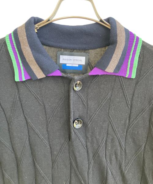 MAISON SPECIAL（メゾンスペシャル）MAISON SPECIAL (メゾンスペシャル) Layered Collar Line Geometric Prime-Over Short Sleeve Knit Polo Shirt ブラック サイズ:1の古着・服飾アイテム