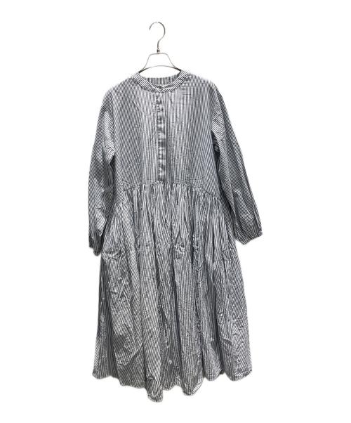 BEARDSLEY（ビアズリー）BEARDSLEY (ビアズリー) 先染めギャザーワンピース ホワイト×ネイビー サイズ:1の古着・服飾アイテム