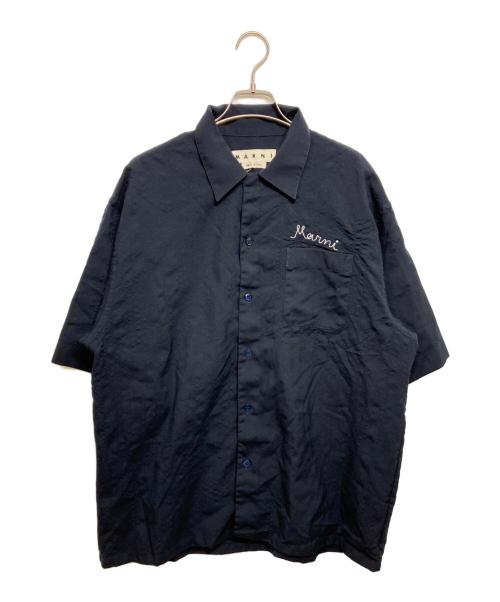 MARNI（マルニ）MARNI (マルニ) トロピカルウール ロゴエンブロイダリーショートスリーブシャツ ネイビー サイズ:50の古着・服飾アイテム
