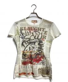 Vivienne Westwood（ヴィヴィアンウエストウッド）の古着「ニュースペーパープリントメッシュカットソー」｜アイボリー