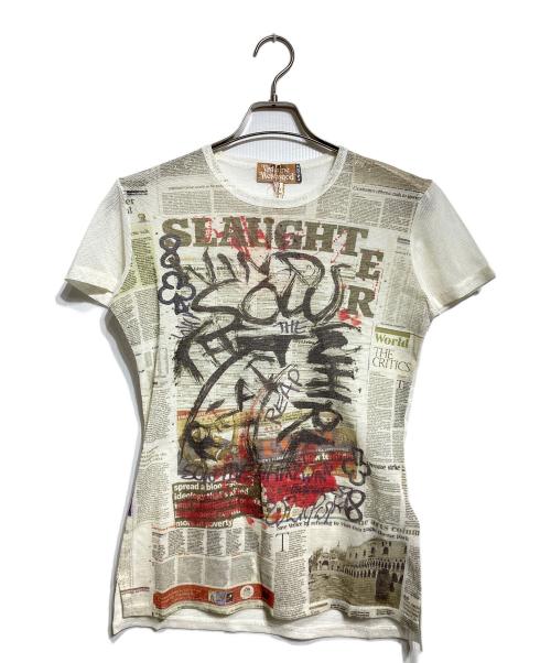 Vivienne Westwood（ヴィヴィアンウエストウッド）Vivienne Westwood (ヴィヴィアンウエストウッド) ニュースペーパープリントメッシュカットソー アイボリー サイズ:M 未使用品の古着・服飾アイテム