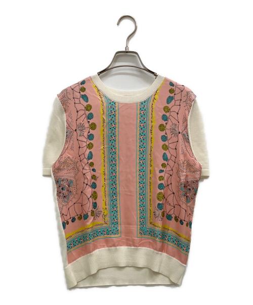 Emilio Pucci（エミリオ プッチ）Emilio Pucci (エミリオ プッチ) シルク切替ショートスリーブニット ホワイト×ピンク サイズ:Mの古着・服飾アイテム