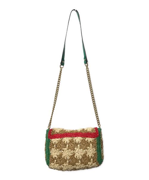GUCCI（グッチ）GUCCI (グッチ) ラフィア チェーンショルダーバッグ ベージュ・ブラウン・グリーン・レッド・ゴールドの古着・服飾アイテム