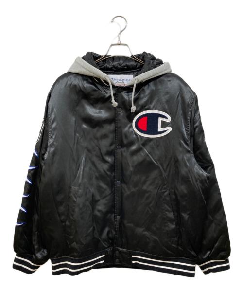 Champion（チャンピオン）Champion (チャンピオン) SUPREME (シュプリーム) Hooded Satin Varsity Jacket ブラック サイズ:XLの古着・服飾アイテム