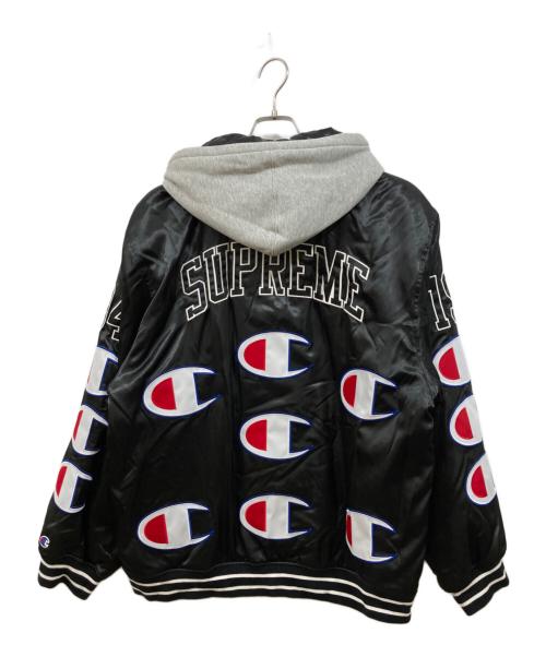 Champion（チャンピオン）Champion (チャンピオン) SUPREME (シュプリーム) Hooded Satin Varsity Jacket ブラック サイズ:XLの古着・服飾アイテム