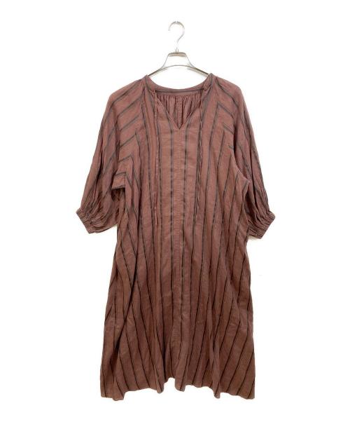 SLOBE IENA（スローブ イエナ）SLOBE IENA (スローブ イエナ) ボリュームスリーブストライプリネン混ワンピース ブラウン サイズ:38の古着・服飾アイテム