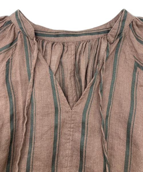SLOBE IENA（スローブ イエナ）SLOBE IENA (スローブ イエナ) ボリュームスリーブストライプリネン混ワンピース ブラウン サイズ:38の古着・服飾アイテム
