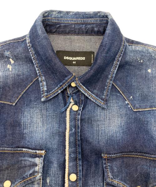 DSQUARED2（ディースクエアード）DSQUARED2 (ディースクエアード) ブリーチ ダメージ加工 ウエスタンデニムシャツ インディゴ サイズ:44の古着・服飾アイテム
