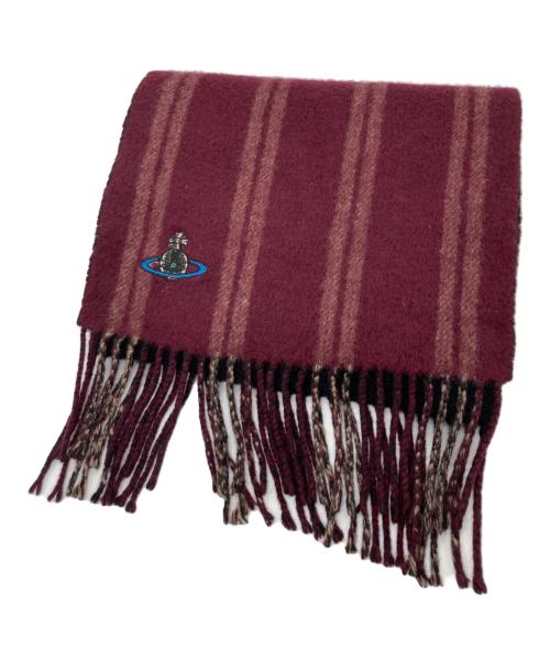 Vivienne Westwood（ヴィヴィアンウエストウッド）Vivienne Westwood (ヴィヴィアンウエストウッド) オーブ刺繍 バイカラーカシミヤマフラー ブラック×ボルドーの古着・服飾アイテム