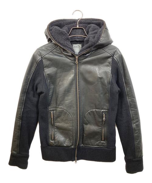 Obelisk（オベリスク）Obelisk (オベリスク) ニット切替レザーフードジャケット ブラック サイズ:Mの古着・服飾アイテム