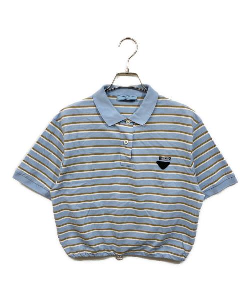 PRADA（プラダ）PRADA (プラダ) クロップド ストライプピケ ポロシャツ スカイブルー サイズ:38の古着・服飾アイテム
