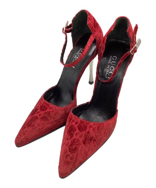 GUCCI（グッチ）GUCCI (グッチ) ベルベットモノグラムポインテッドパンプス レッド サイズ:SIZE 23.5cmの古着・服飾アイテム